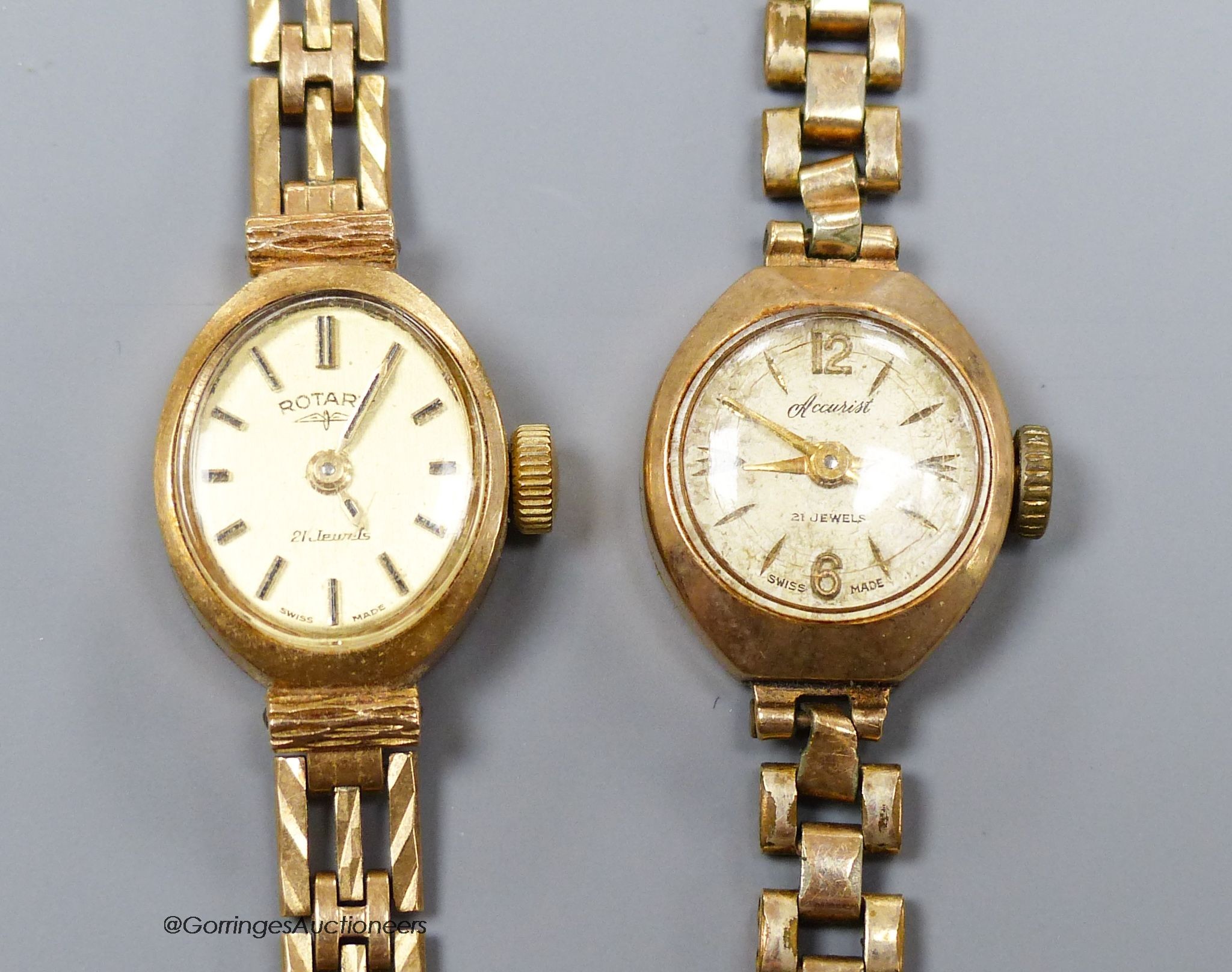 A ladies' 9ct gold-cased wristwatch on 9ct gold bracelet and another similar watch on gilt metal bracelet